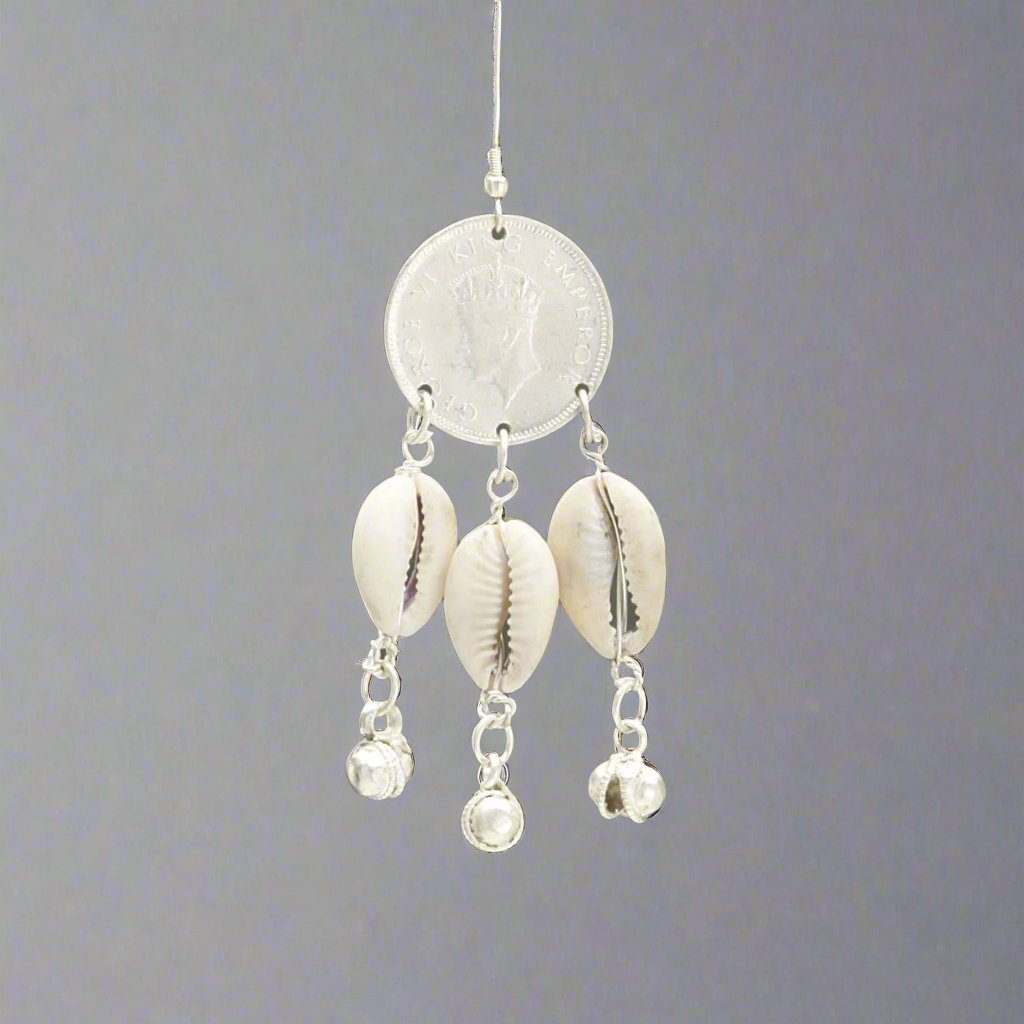 White Metal Cowrie Shell Earrings with Coin and Bell Drops - Apparel & Accessories > Jewelry > Earrings - Bellbazaar.com