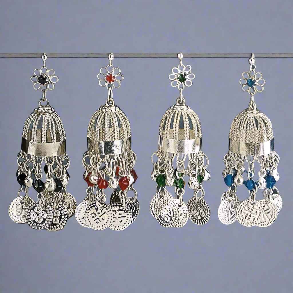 White Metal Dome-Shaped Earrings with Beads & Dangling Coins - Eye-catching & Unique Design
