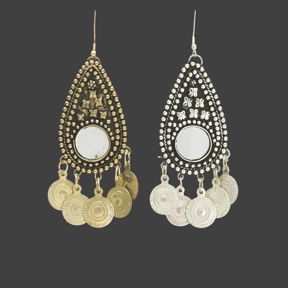 White Metal Earrings with Mirrors & Coins - Unique & Artistic Design - Apparel & Accessories > Jewelry > Earrings