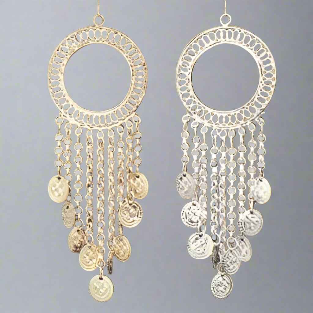 White Metal Hoop Earrings with Hanging Coins - Distinctive & Chic Design*