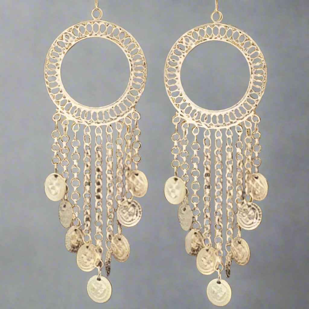 White Metal Hoop Earrings with Hanging Coins - Distinctive & Chic Design*