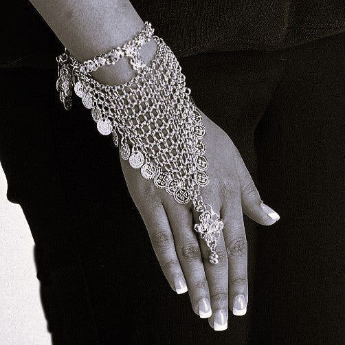 White Metal Single Ring Bracelet with Chain Links & Coins - Versatile & Chic Accessory - Apparel & Accessories > Jewelry