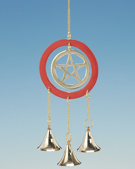 Nickel-Plated Brass Pentagram Three Bell and Wood Bead Wind Chime