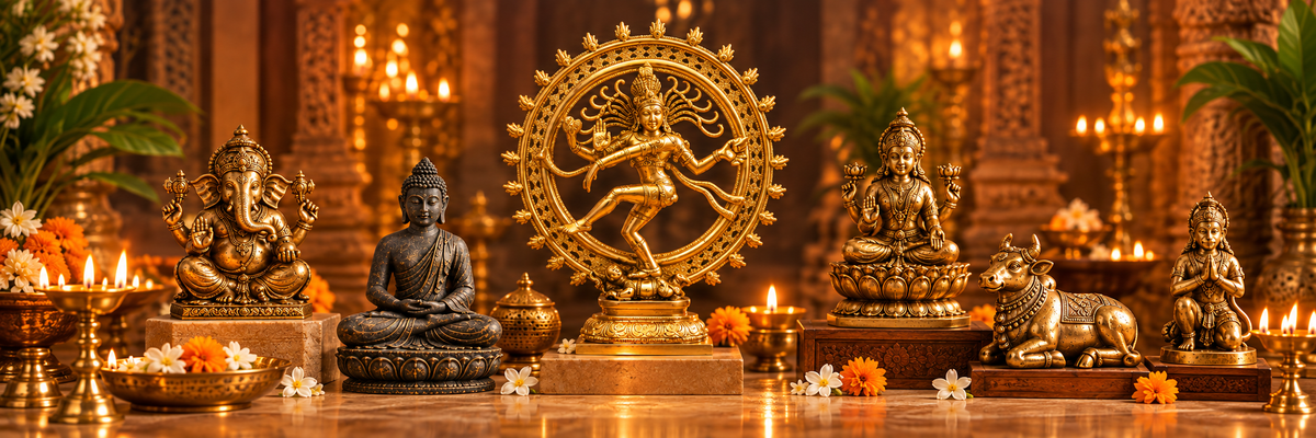 Indian deity statues featuring Shiva Nataraja, Lakshmi and other sacred figures
