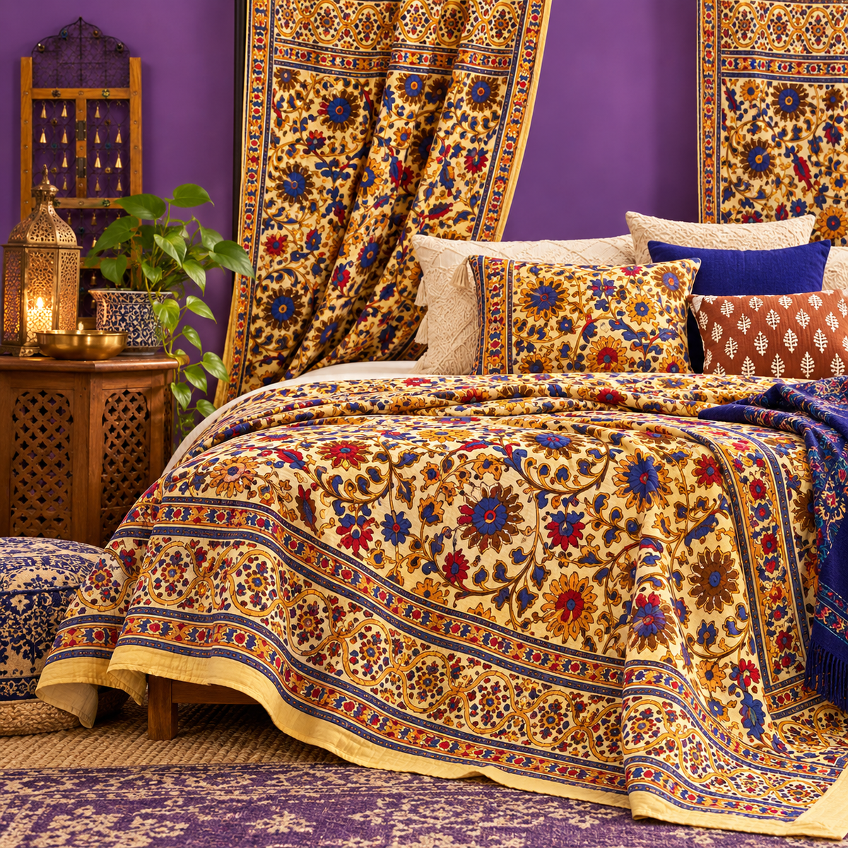Colorful Indian cotton bedspreads and tapestries displayed in a decorated bedroom