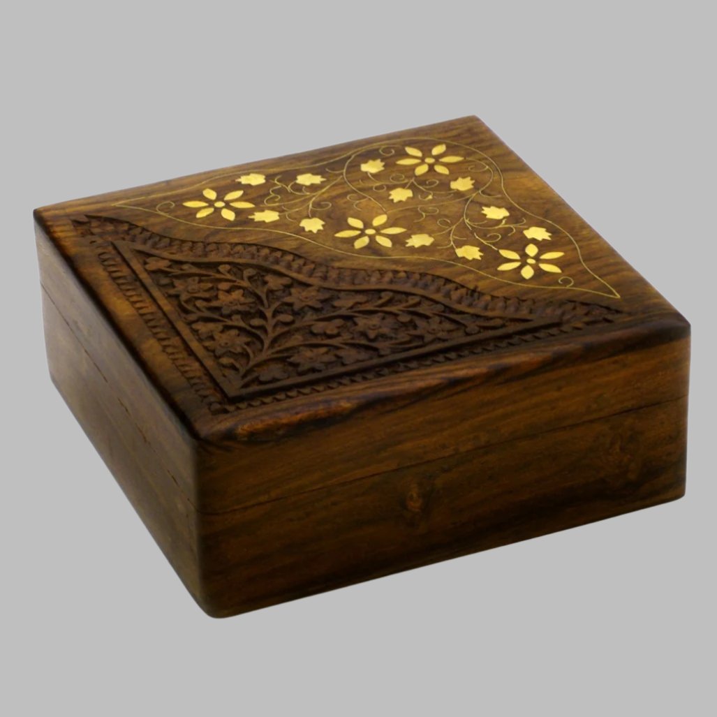 Elegant Brass Inlaid Wooden Keepsake Box - 6-Inch Handcrafted Square Storage-WB219