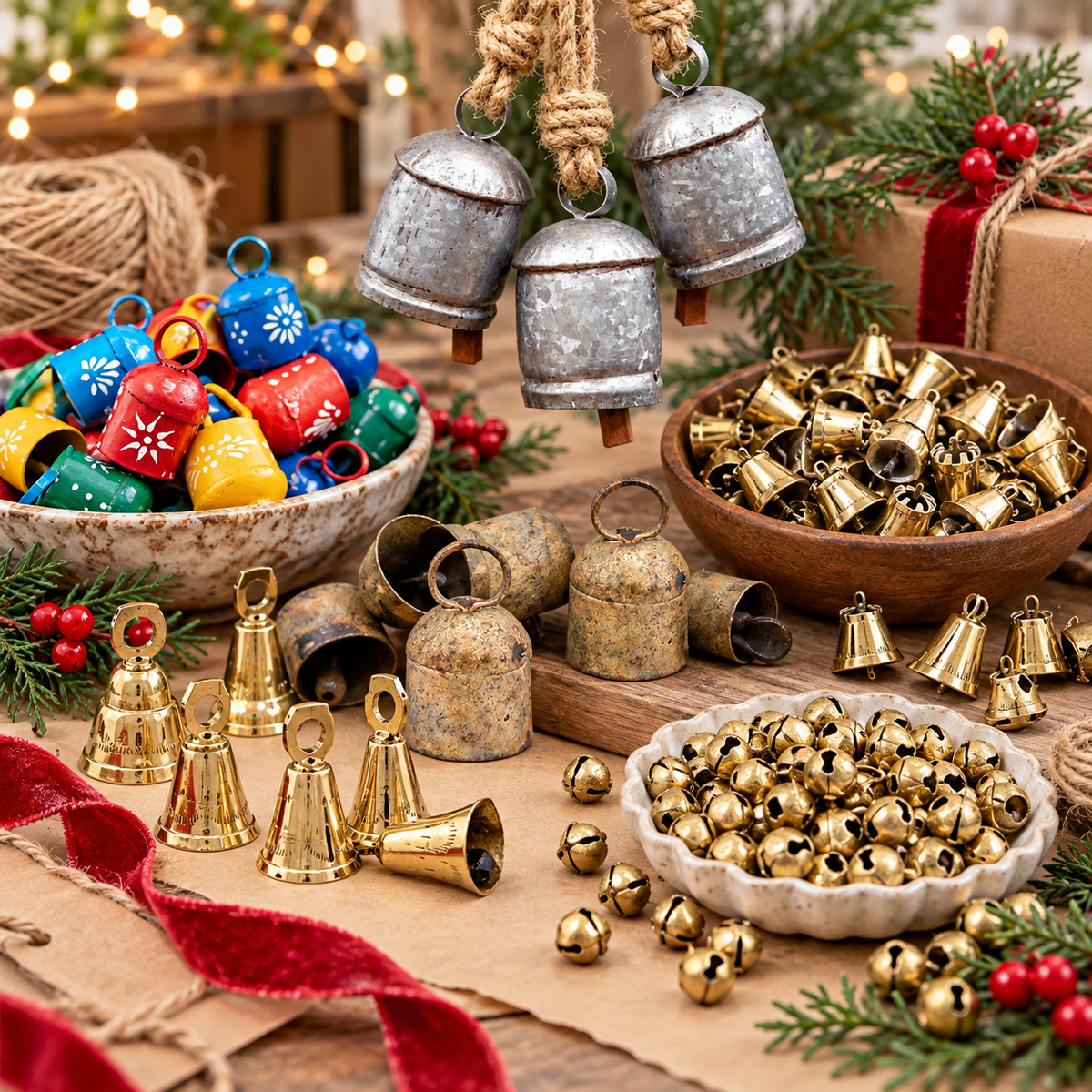 Assorted brass and tin craft bells for Christmas ornaments, wreaths and holiday projects