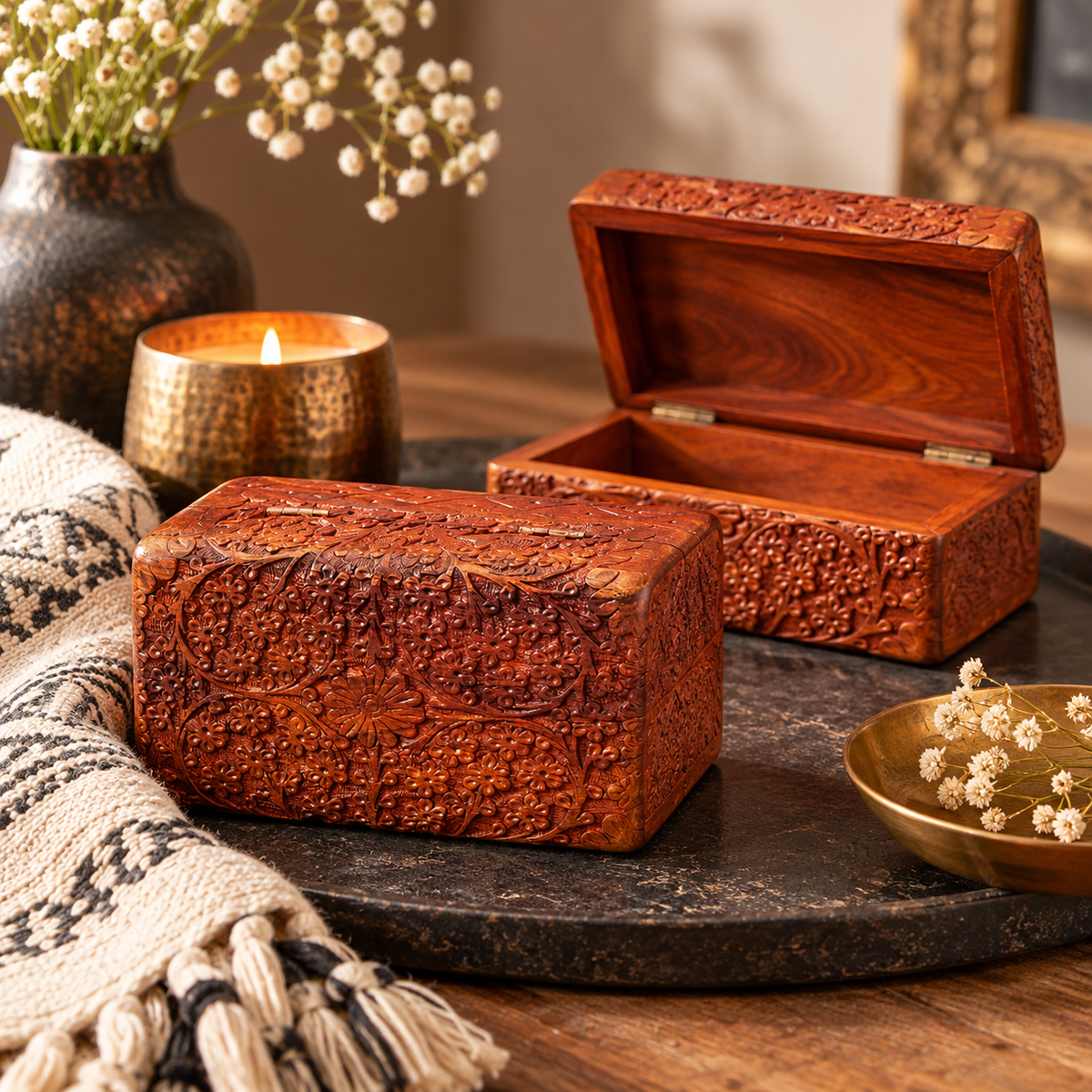 Hand-carved Indian wooden boxes for jewelry, keepsakes and decorative storage