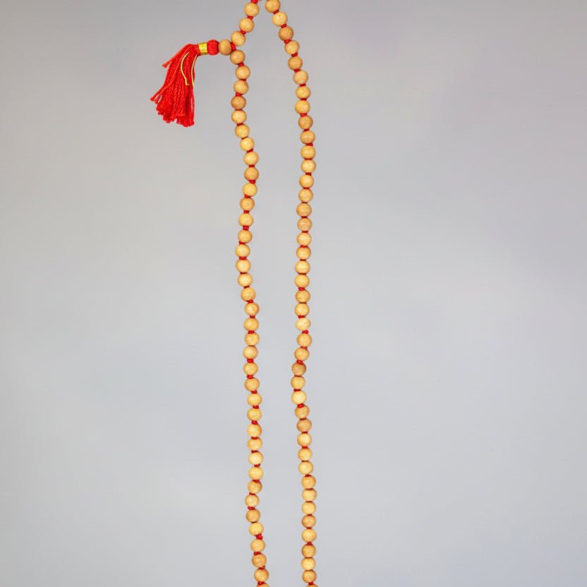 108 Bead Sandalwood Mala 6mm with Red Tassel - Prayer Beads - Bell Bazaar
