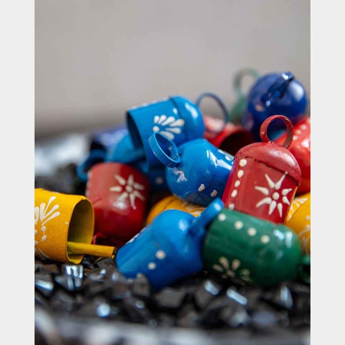 Dozen Assorted 2" H Hand-Painted Tin Bells (Six Colors)