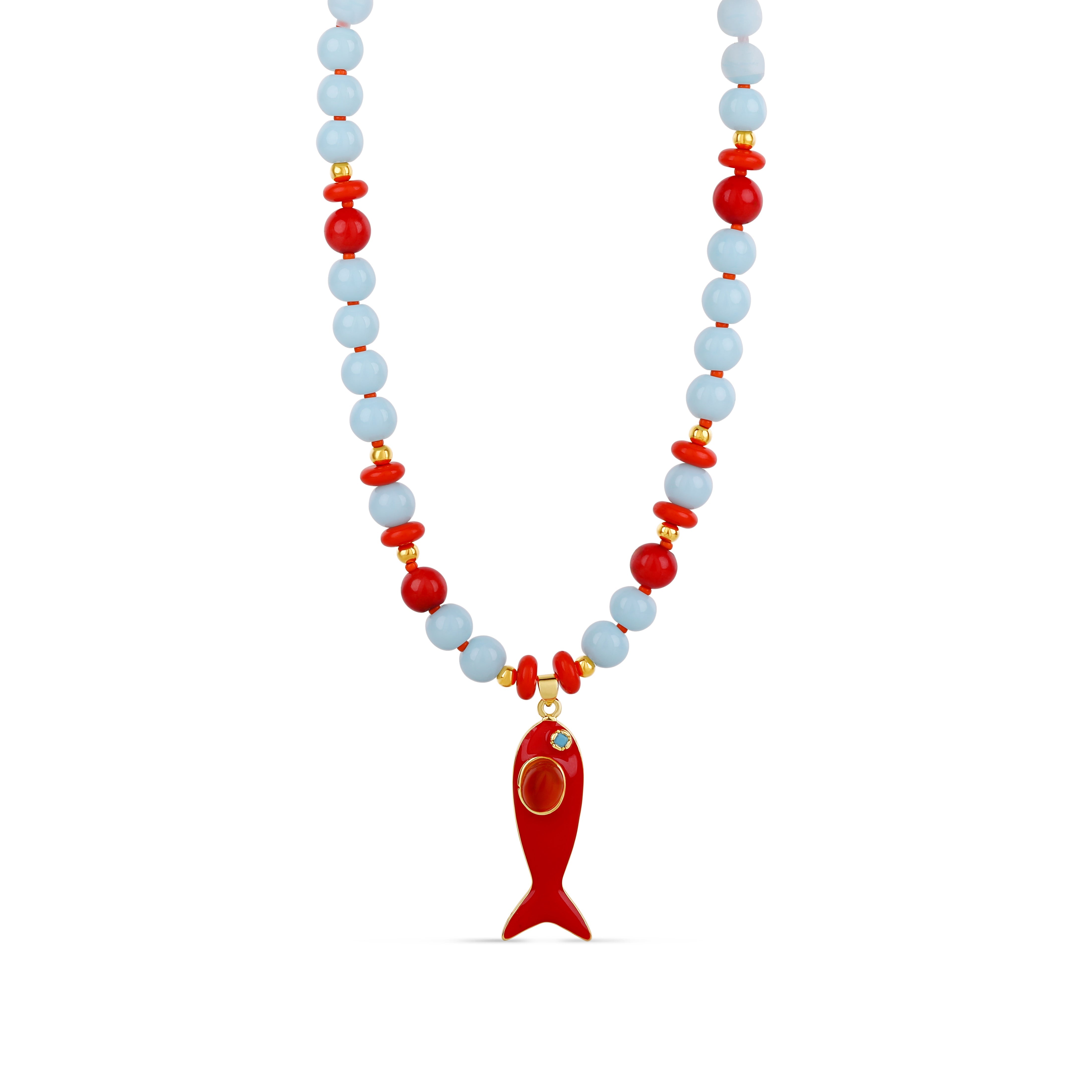 Coral Reef Fish Charm Necklace - Ocean Blue & Coral Beaded Necklace
