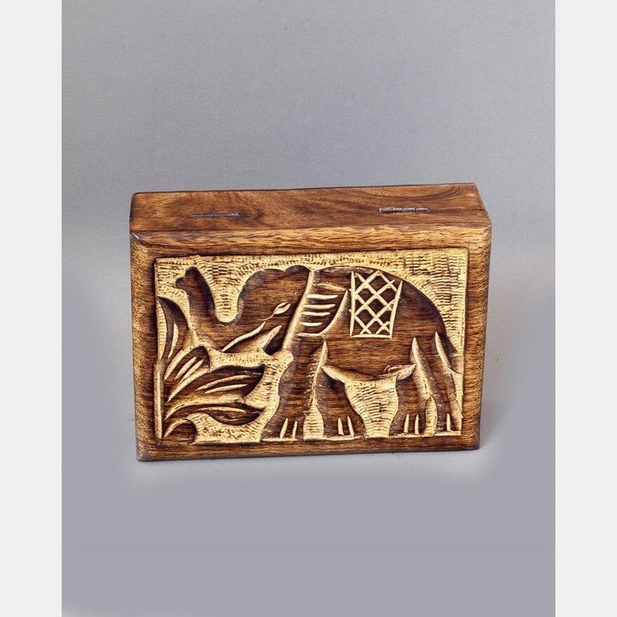 5x7 hand-carved mango wood box with elephant motif