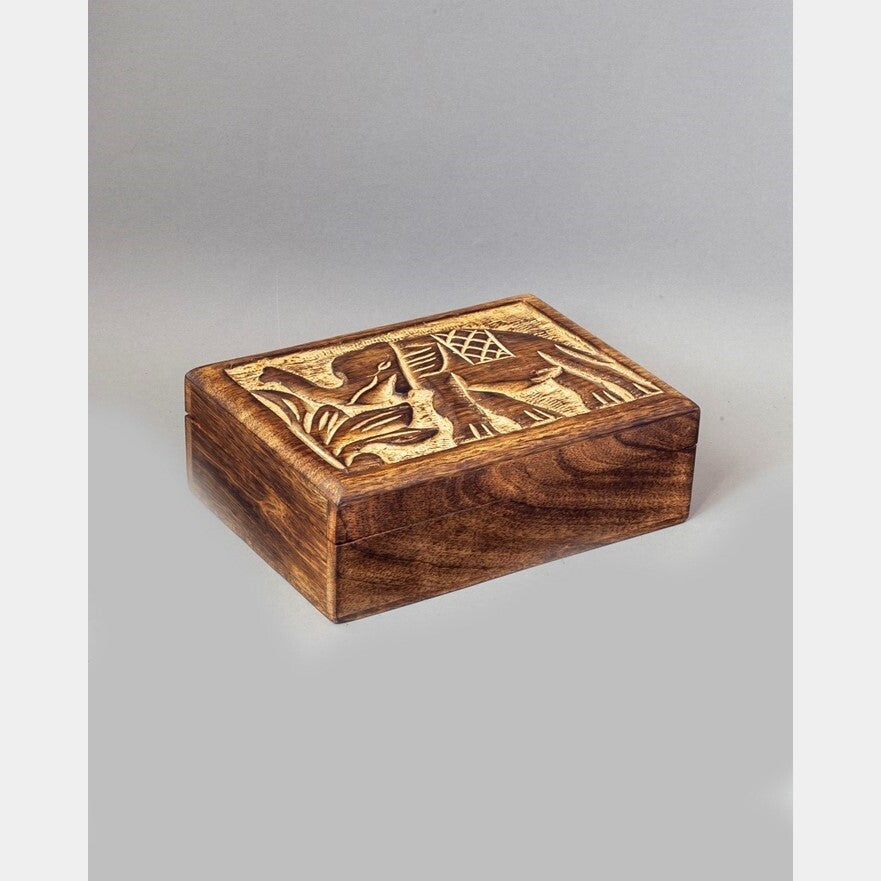 Mango wood storage box with traditional hand-carved elephant design
