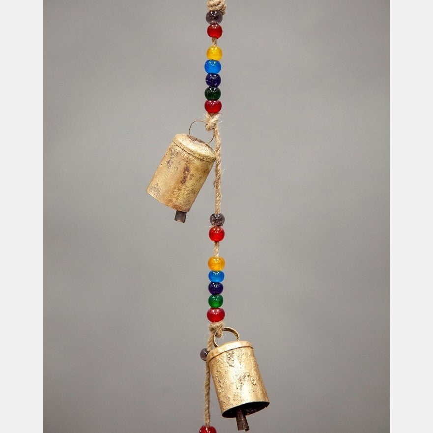 7-Chakra beaded jute chime with tin bells and colorful glass beads