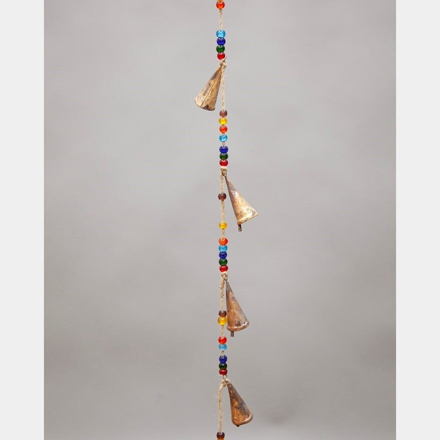 Colorful chakra glass beads and tin bells on natural jute chime
