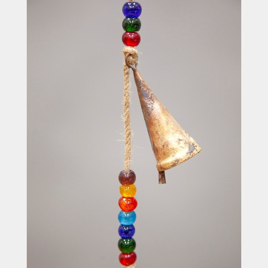Long 7 Chakra tin bell chime with rainbow beads on jute