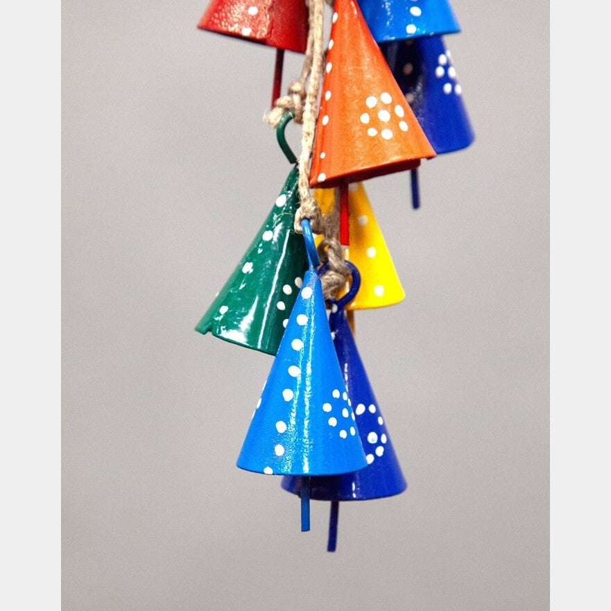 Colorful hand-painted cone bells on jute cord for hanging décor