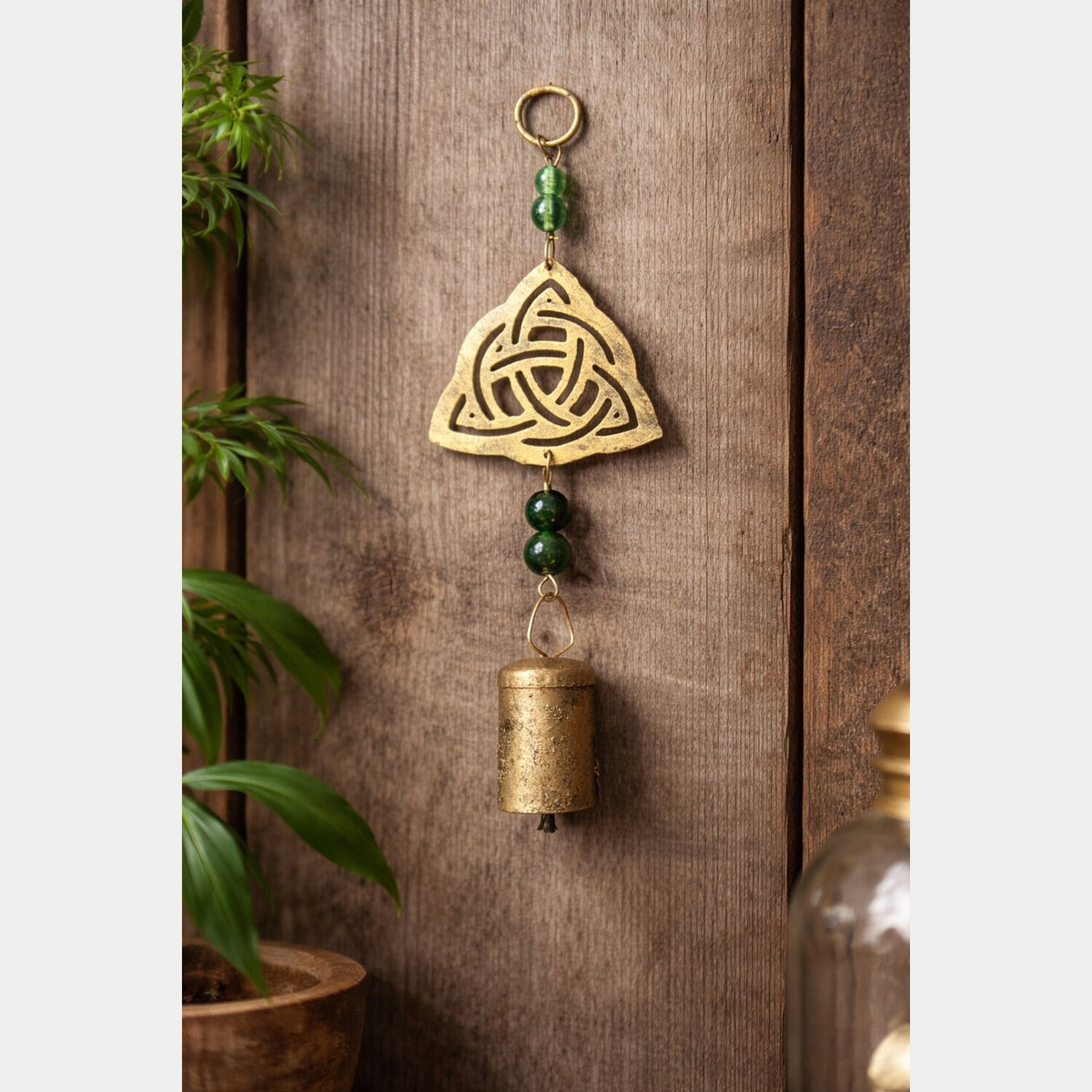Iron Celtic Triquetra chime with colorful glass beads and hanging bells