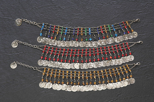 Stunning Wide Anklet Adorned with Beads and Dangling Coins