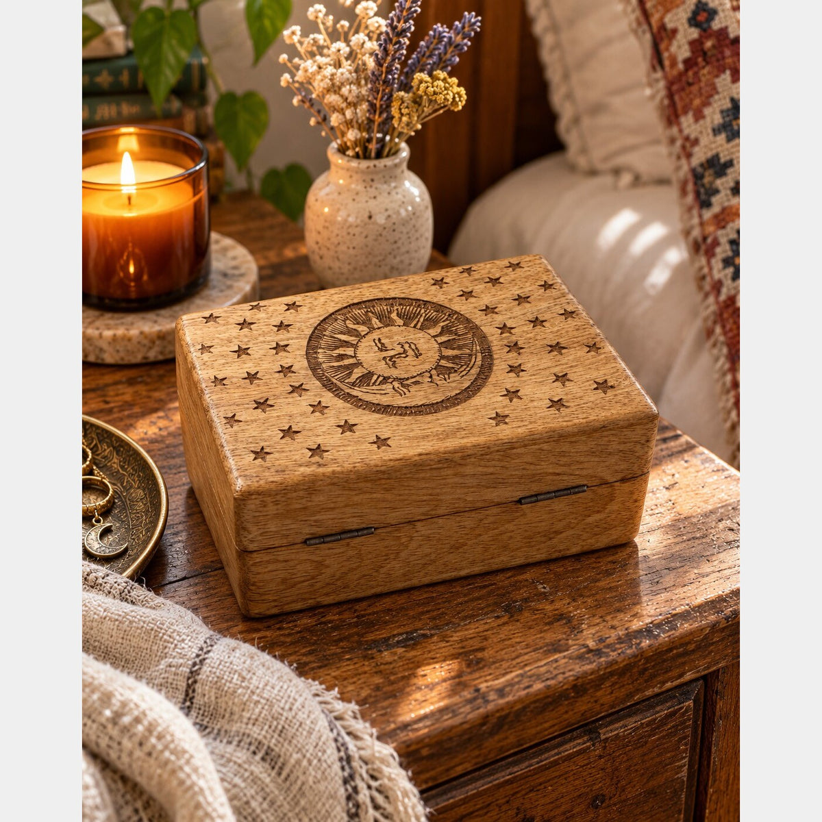 Closed mango wood keepsake box with a celestial sun, moon and star design on the lid