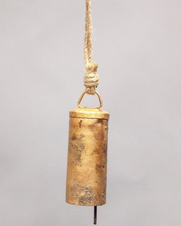 Rustic Tin Bell with Natural Jute Cord - 4" High x 1.25" Diameter