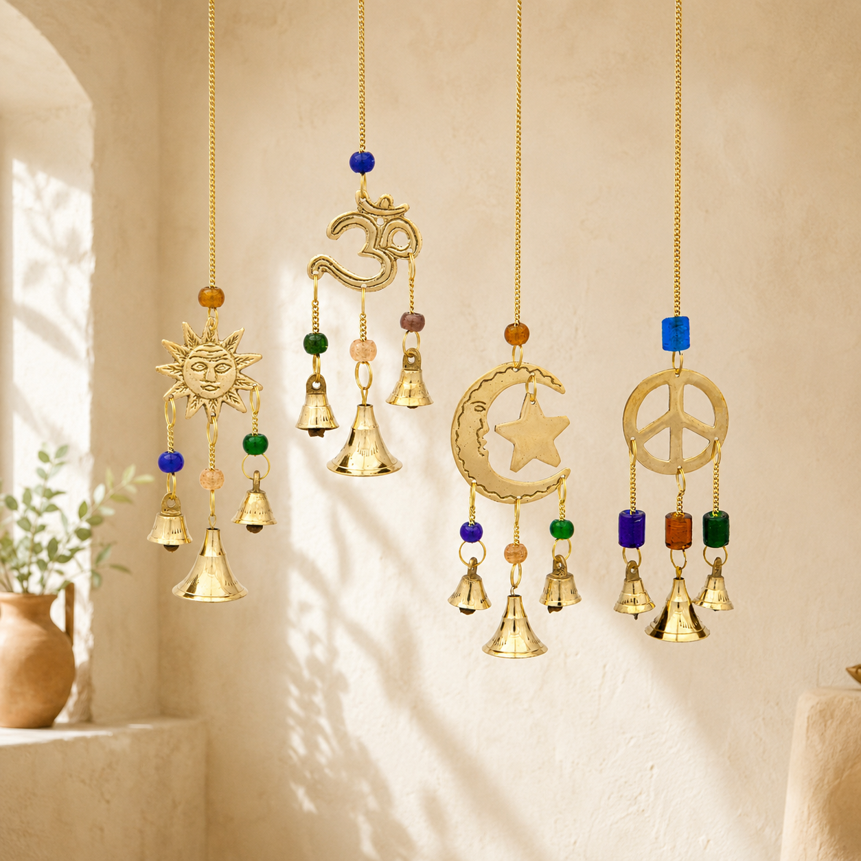 Small Brass Chimes with Three Bells and Glass Beads