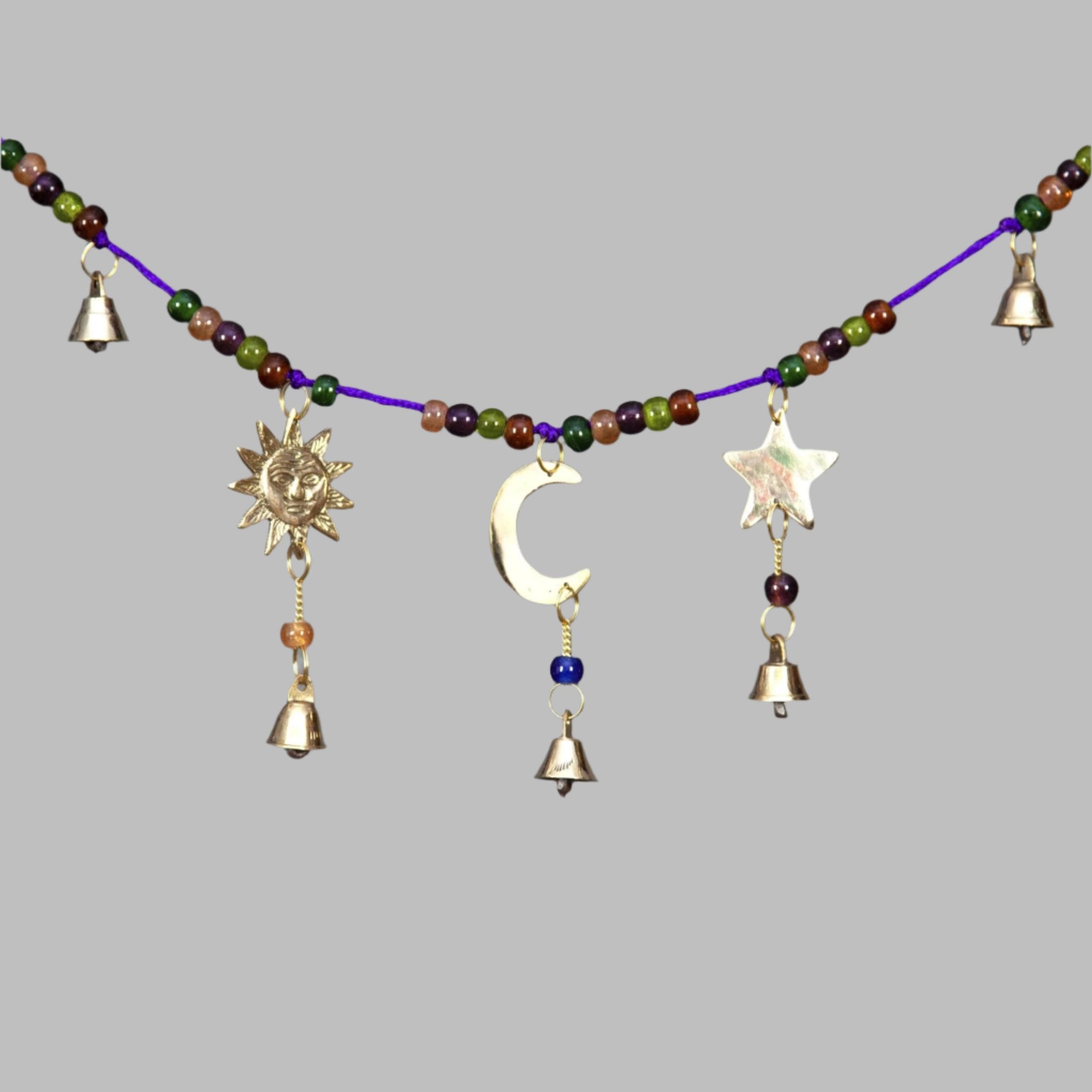 Brass Chime on Cord with Sun - Moon - Star and Glass Beads - Decorative Bells - Bellbazaar.com - BS014