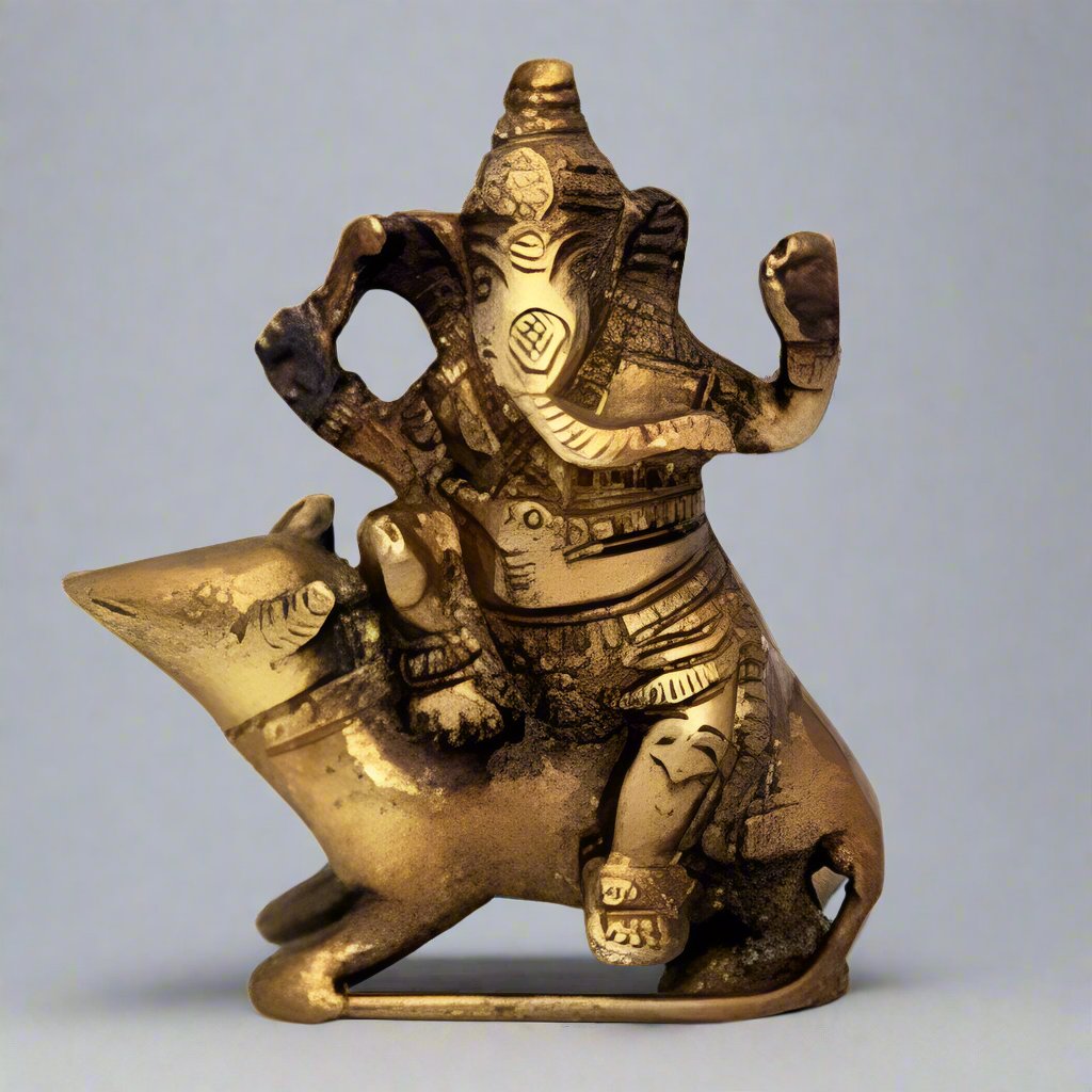 Brass Ganesha Sitting on Mouse Statue - Sculptures & Statues - Bellbazaar.com - BW445