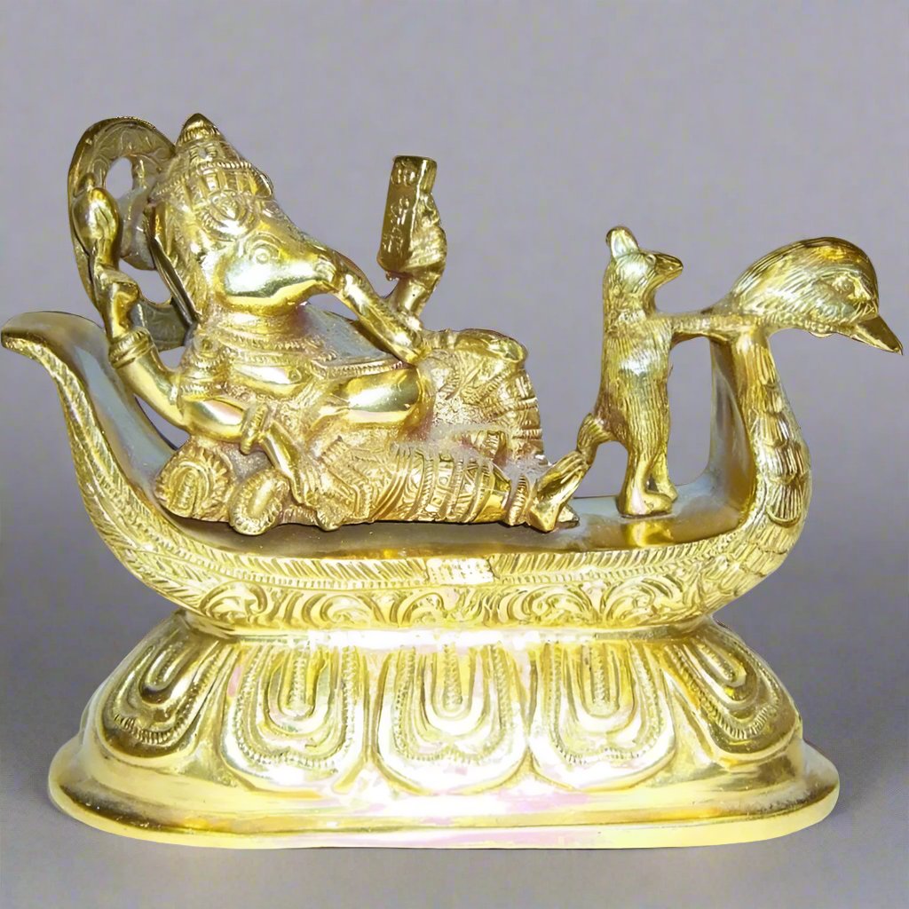 Brass Reading Ganesh on Swan Statue - Sculptures & Statues - Bellbazaar.com - BW004