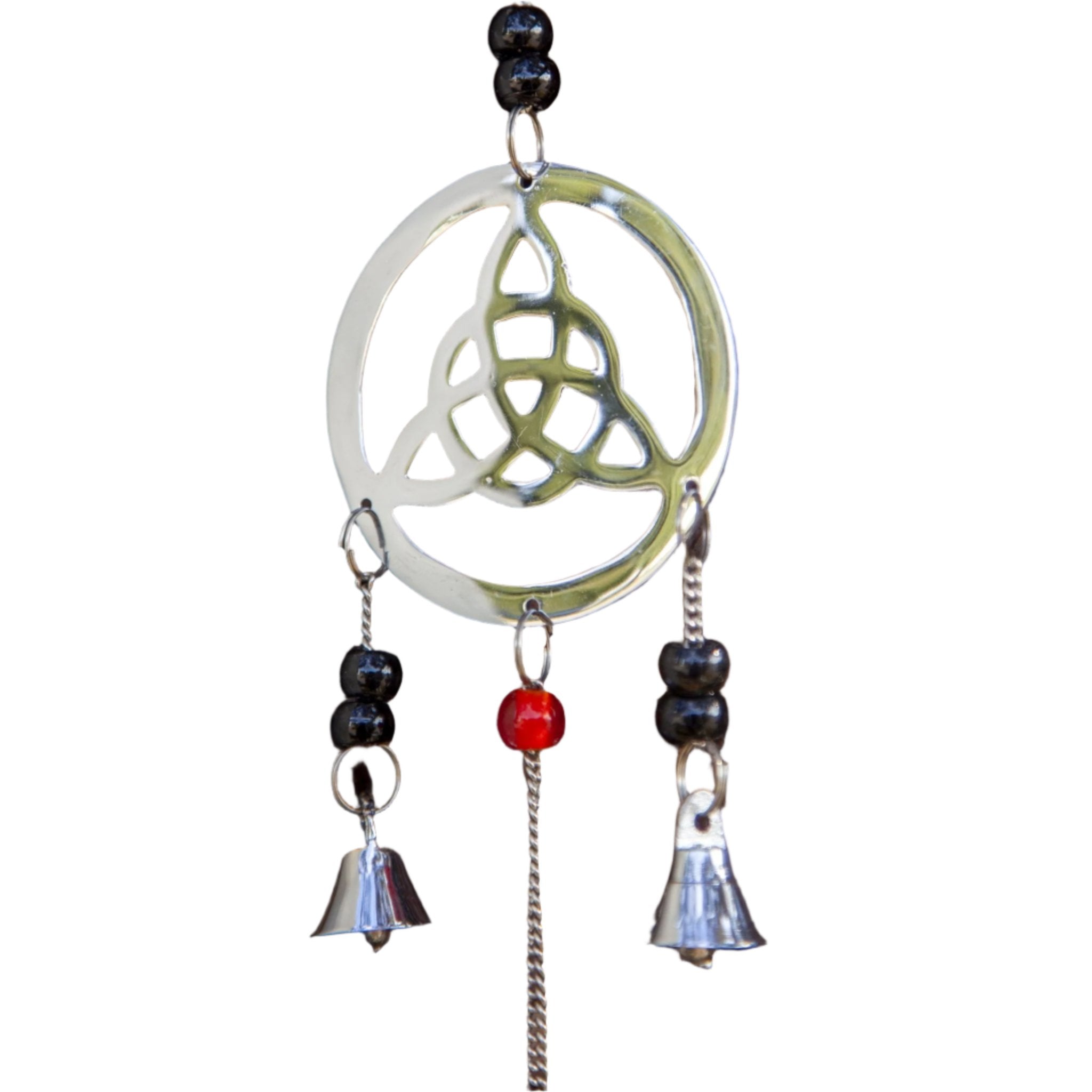 Chrome Plated Three Celtic Charm Bell & Bead Wind Chime - Decorative Bells - Bellbazaar.com - BS332