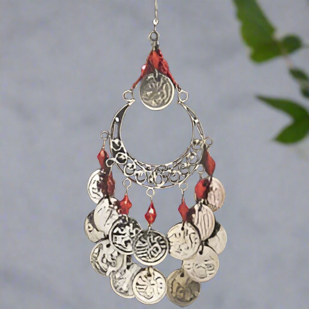 Enchanting Moon - Shaped Hoop Earrings with Intricate Design, Dangling Beads, and Coins-JW331-RE