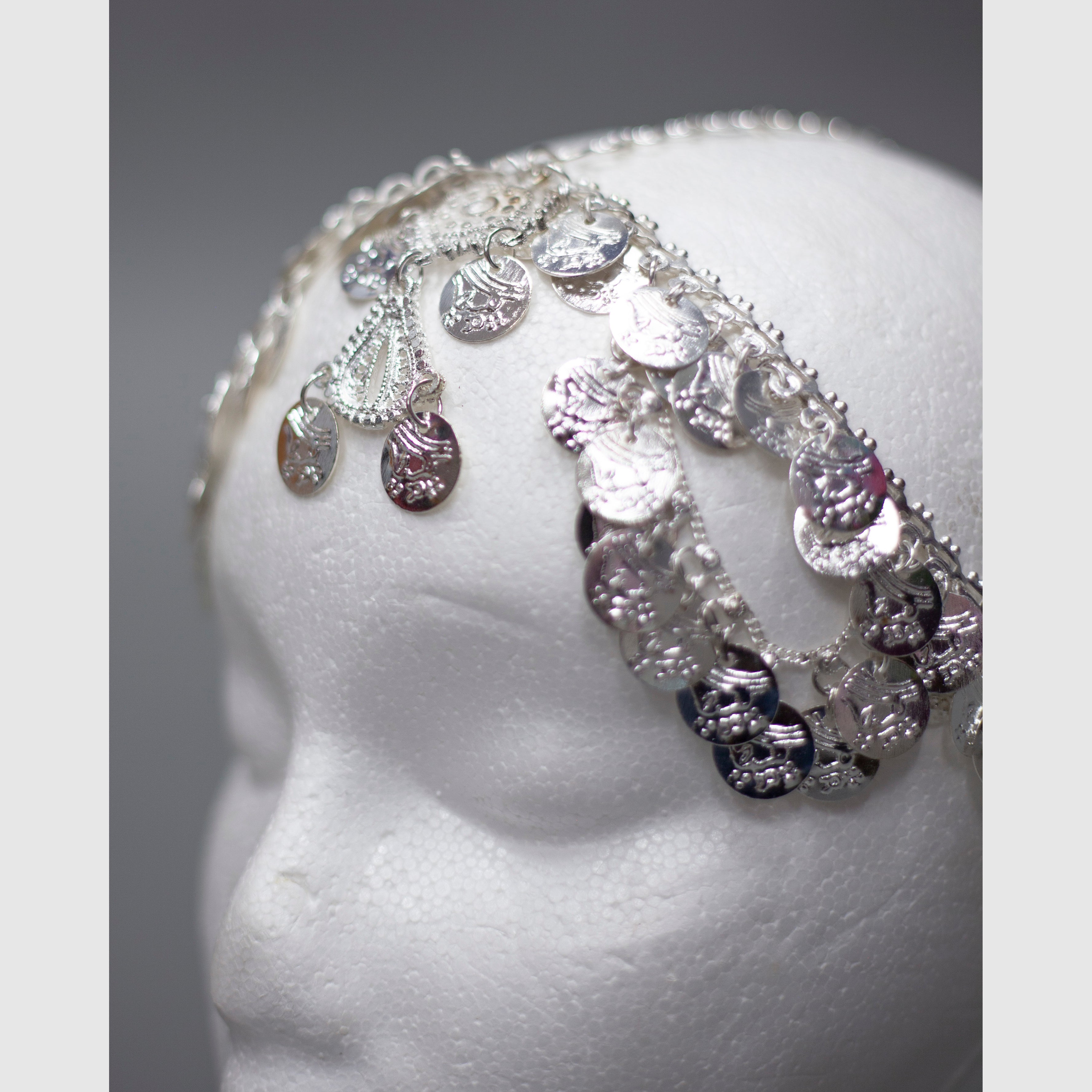 Exceptional White Metal Headpiece featuring Looping Coins - Eye - catching & Creative Adornment - Apparel & Accessories > Jewelry > Charms & Pendants - Bellbazaar.com - JW142