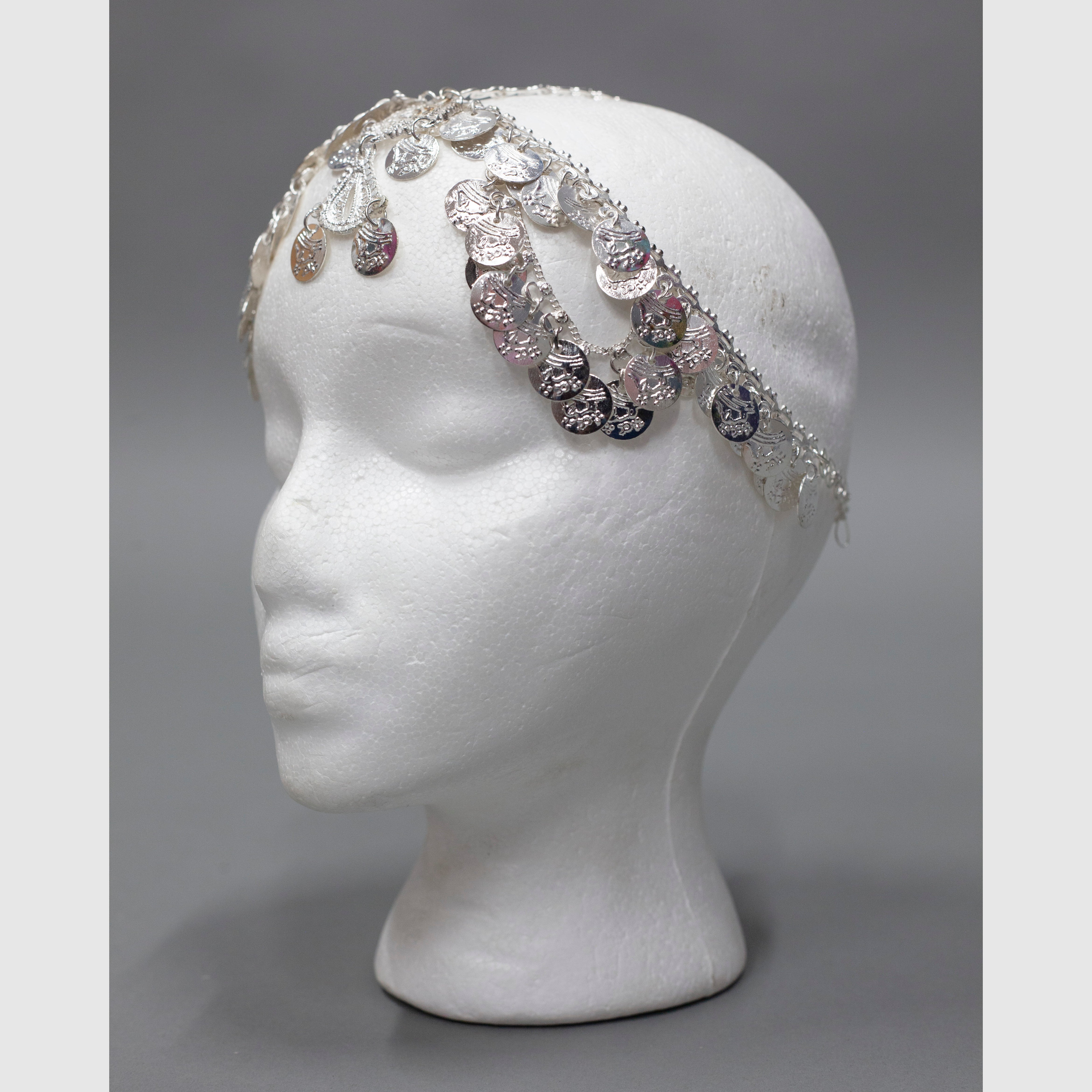 Exceptional White Metal Headpiece featuring Looping Coins - Eye - catching & Creative Adornment - Apparel & Accessories > Jewelry > Charms & Pendants - Bellbazaar.com - JW142