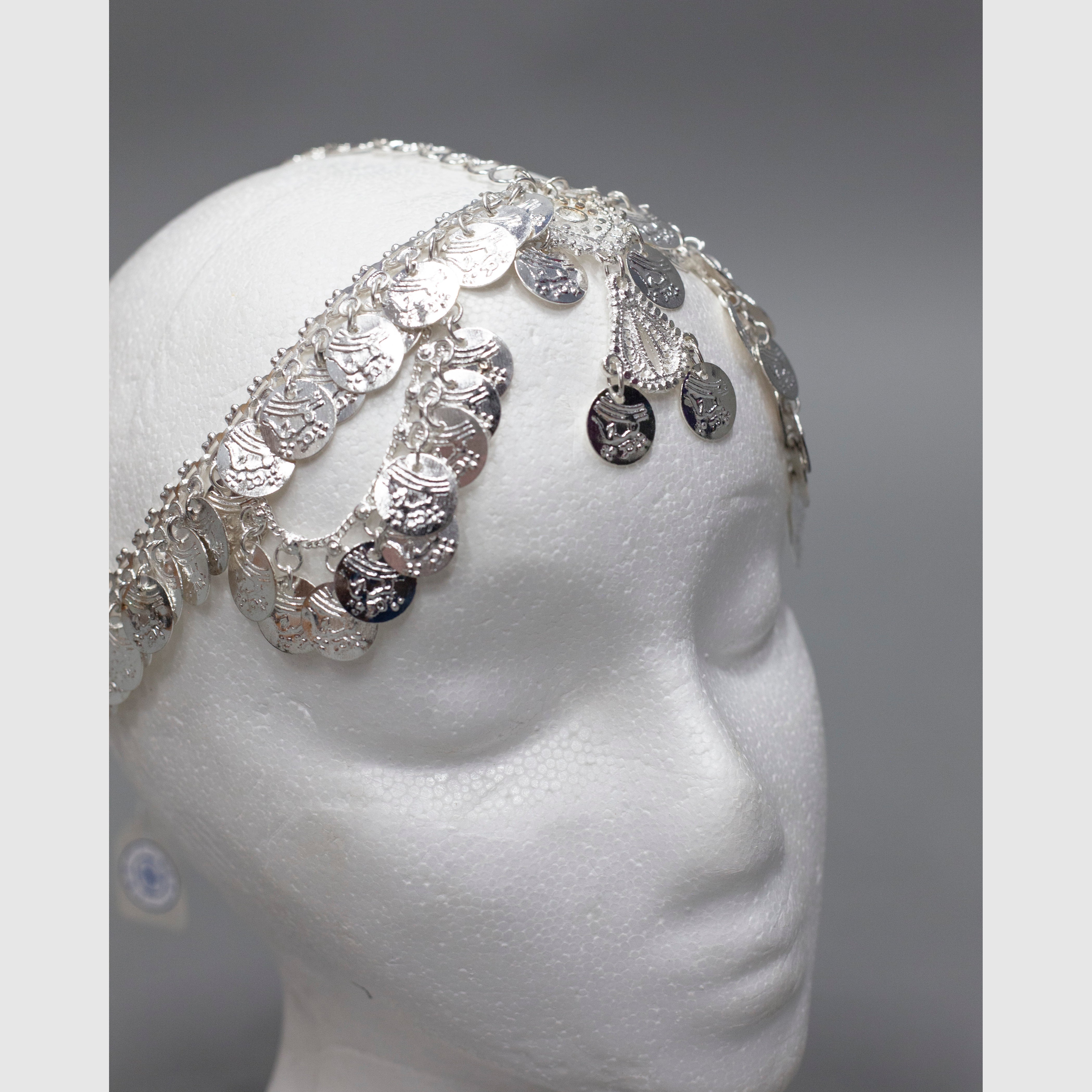 Exceptional White Metal Headpiece featuring Looping Coins - Eye - catching & Creative Adornment - Apparel & Accessories > Jewelry > Charms & Pendants - Bellbazaar.com - JW142