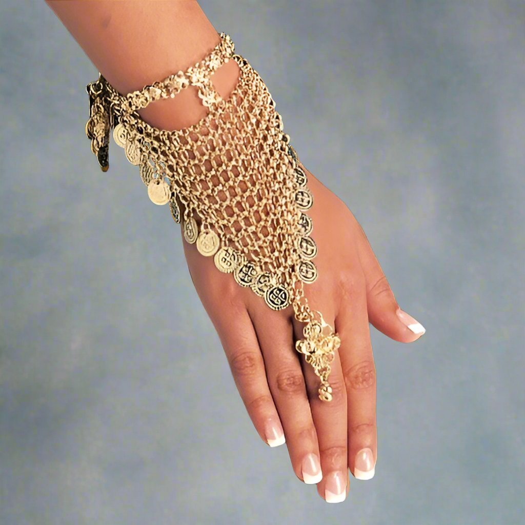 Gold Coin Mesh Hand Chain Bracelet - Traditional Bridal Jewelry - Apparel & Accessories > Jewelry > Bracelets - Bellbazaar.com - JP184