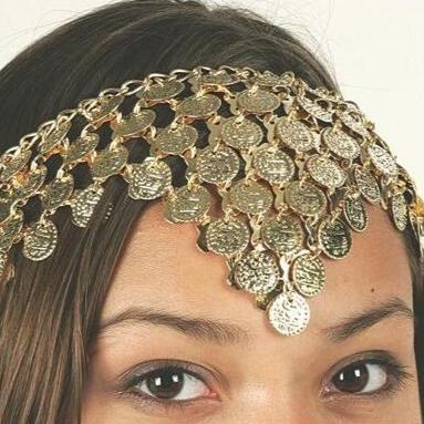 Gold - Tone Metal Headpiece with Coins, Bells, & Turquoise-JP267