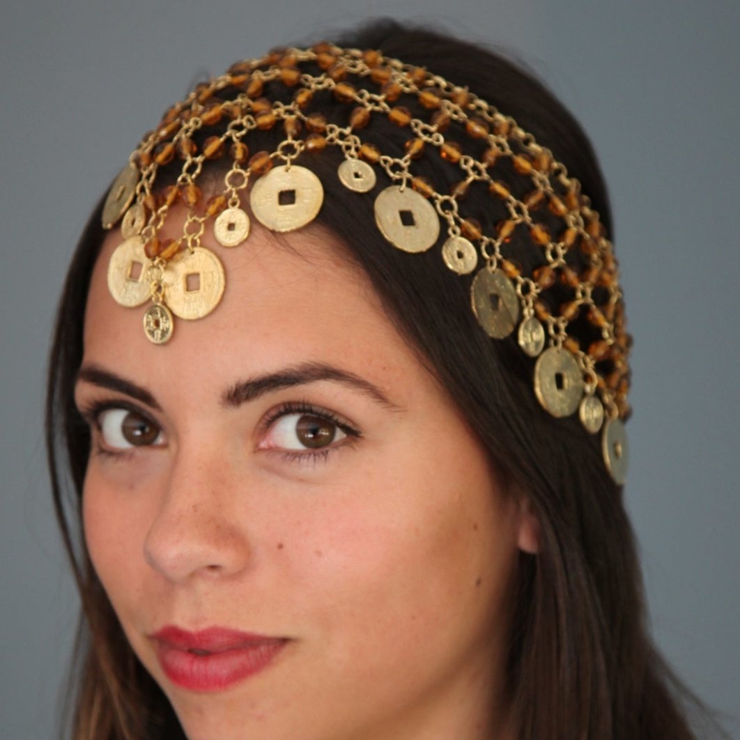 Headpiece with Gold Coins and Amber Beads - Apparel & Accessories > Jewelry - Bellbazaar.com - JP266 - AM