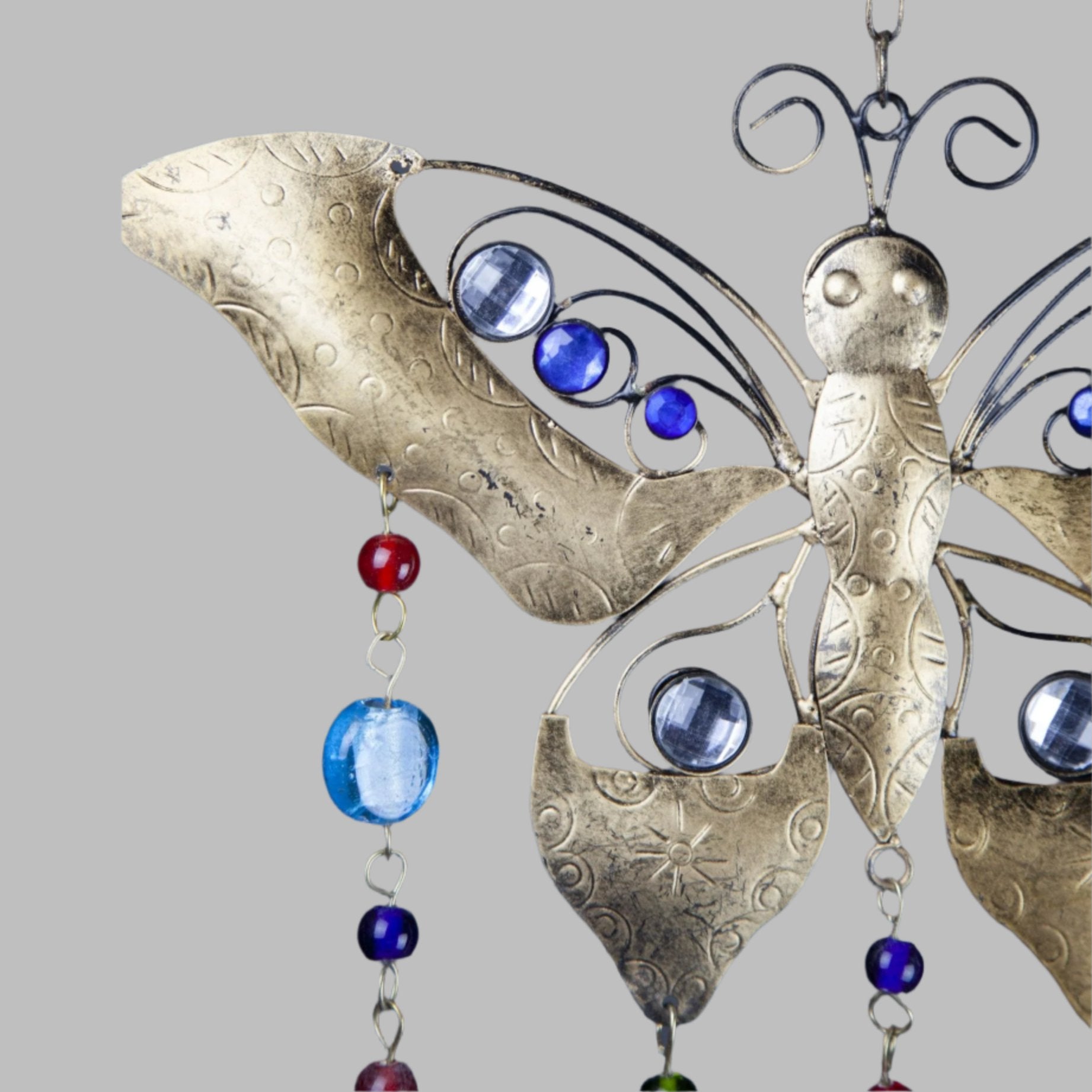 Iron Butterfly Glass Bead & Tin Bell Wind Chime - Decorative Bells - Bellbazaar.com - TS826