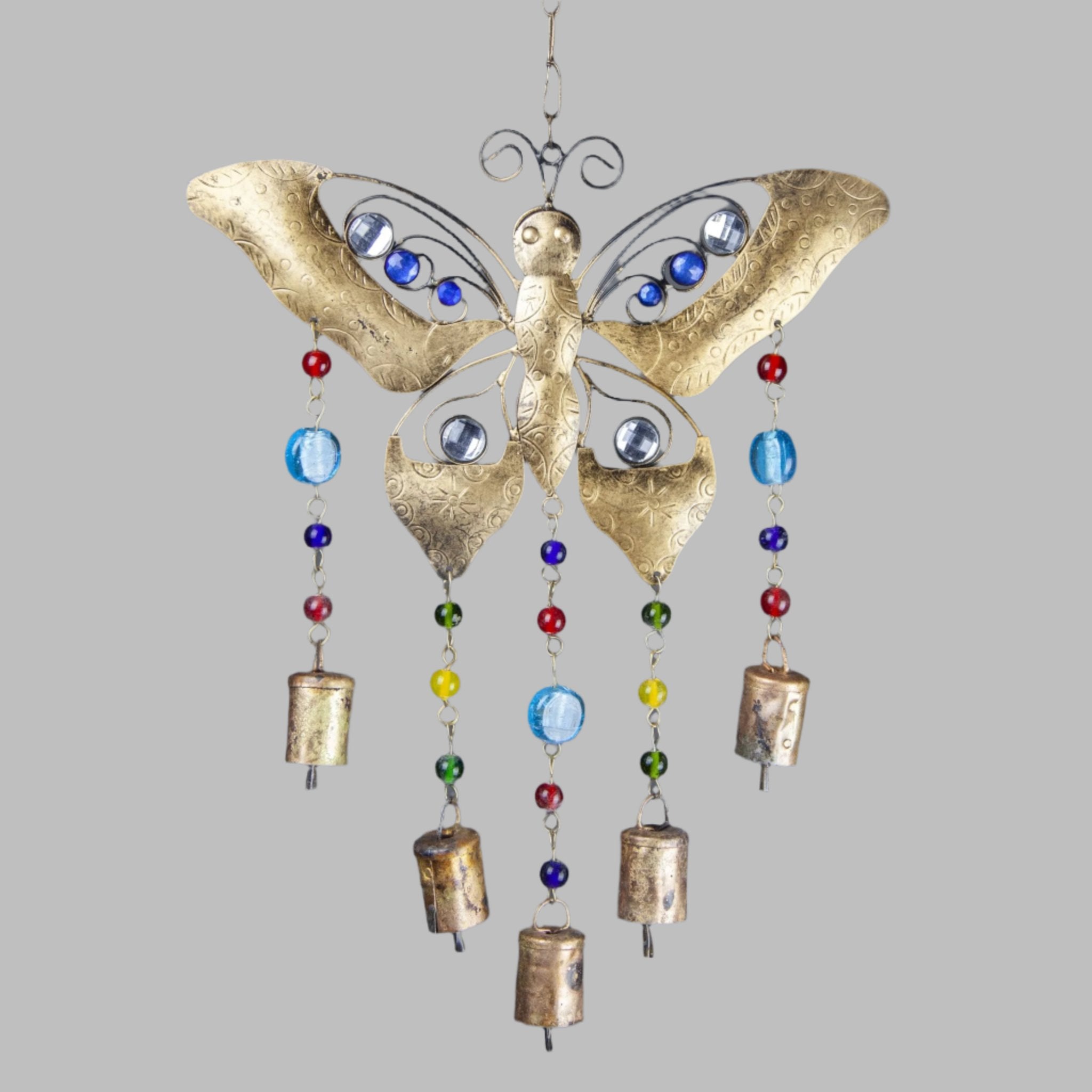 Iron Butterfly Glass Bead & Tin Bell Wind Chime - Decorative Bells - Bellbazaar.com - TS826