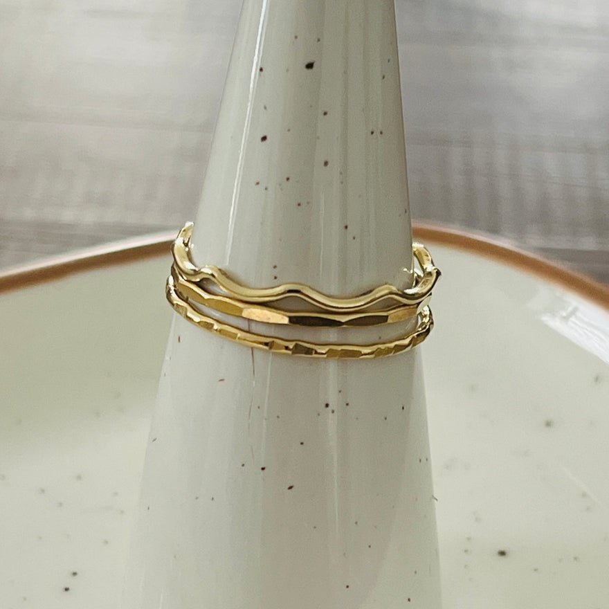 Minimal Stacking Ring Set, 3 Piece, Bamboo Wave Hammered - Apparel & Accessories > Jewelry > Rings - Bell Bazaar