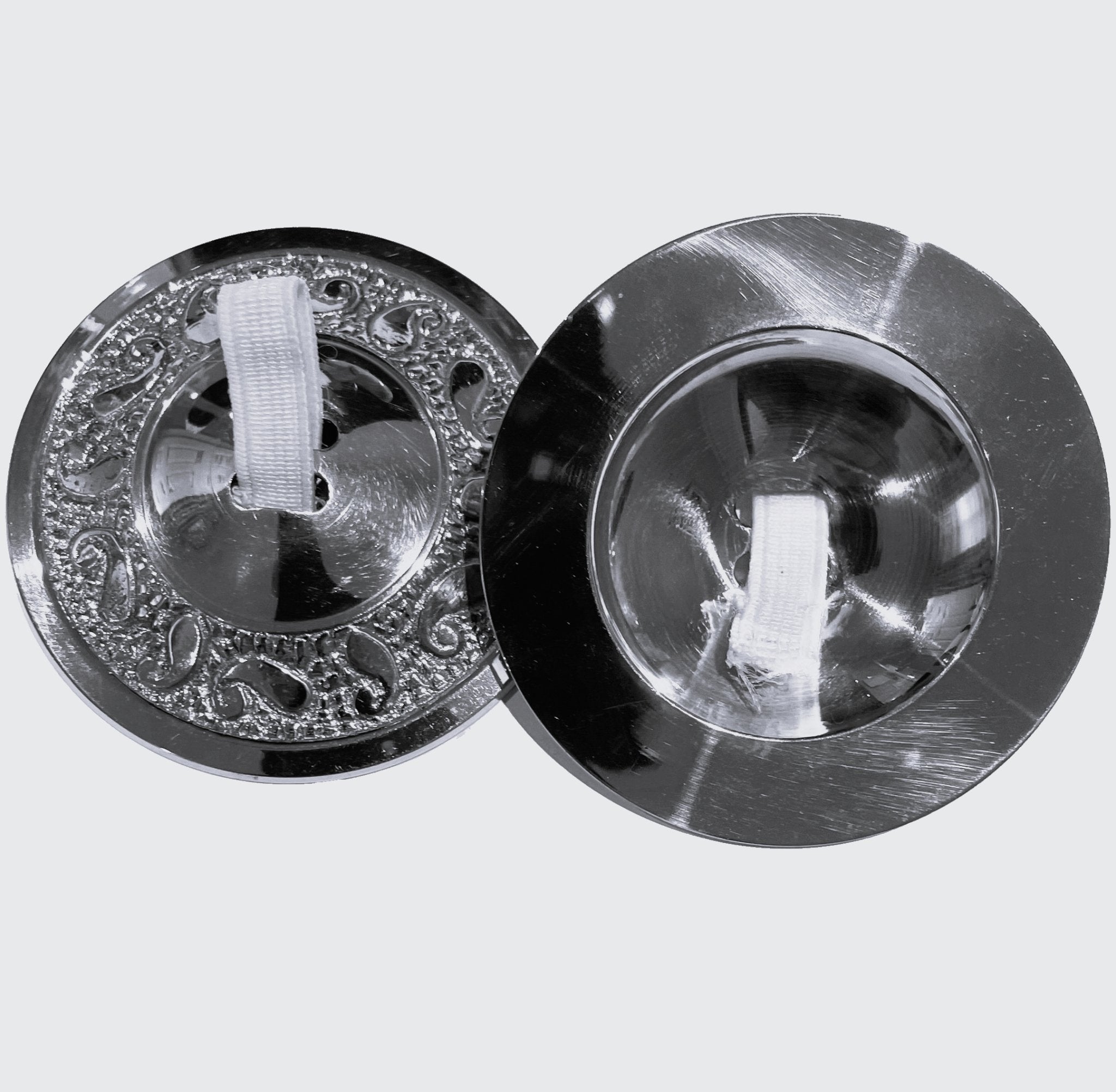 Paisley Design Brass Finger Cymbals - Two Slots - 2.38"D - Finger & Hand Cymbals - Bellbazaar.com - BF022