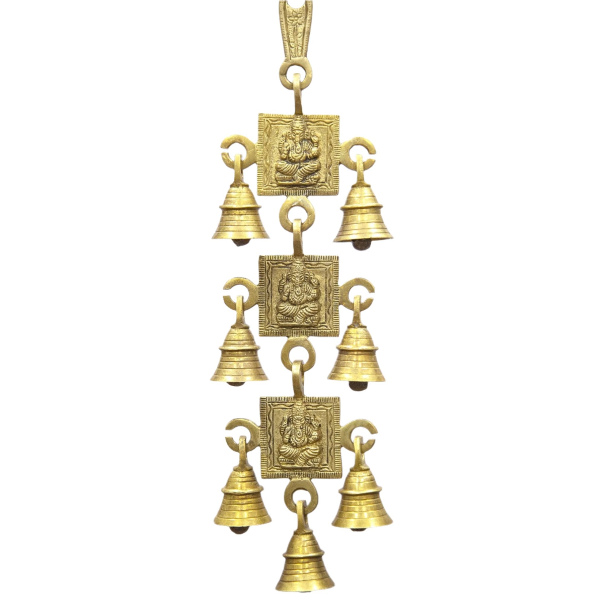 Brass Ganesh Bell Wind Chime for outdoor decor with antique brass plates featuring Lord Ganesh and melodic bells.