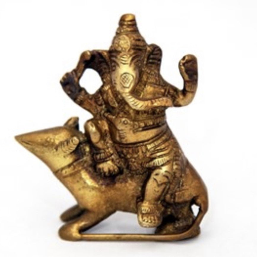 Brass Ganesha Sitting on Mouse Statue - Sculptures & Statues - Bellbazaar.com - BW445