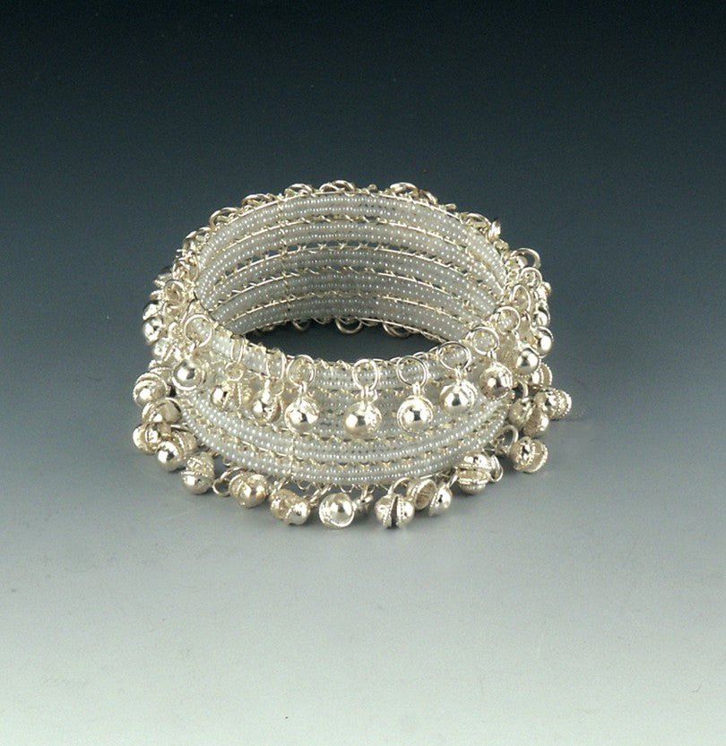 Distinctive White Metal Cuff Bracelet with Beads & Bell Charms - Detailed & Stylish Design - Apparel & Accessories > Jewelry > Bracelets - Bellbazaar.com - JW165