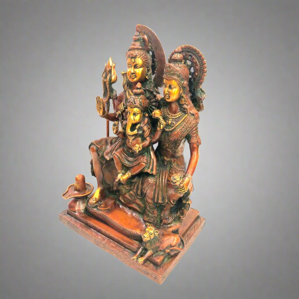 Shiva, Parvati, and Ganesh Brass Statue - Sculptures & Statues - Bellbazaar.com - BW703