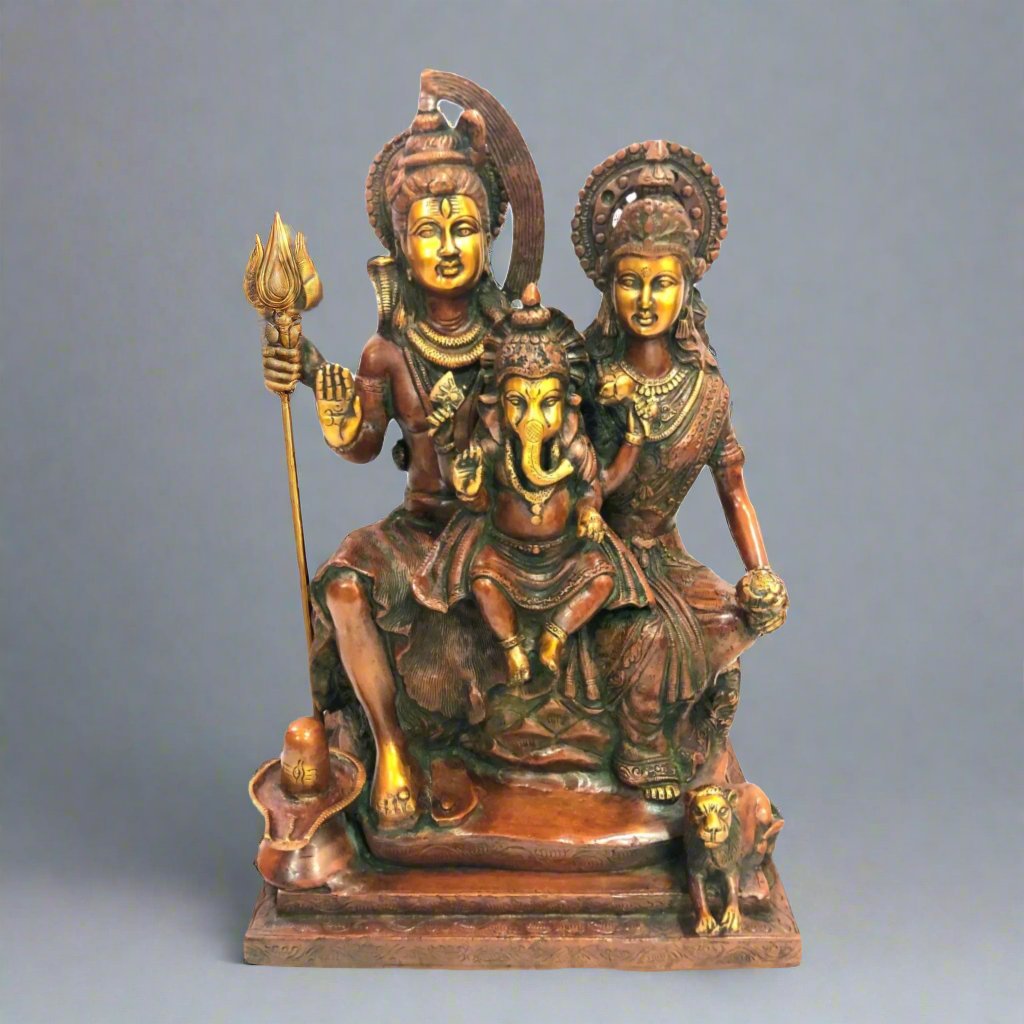 Shiva, Parvati, and Ganesh Brass Statue - Sculptures & Statues - Bellbazaar.com - BW703