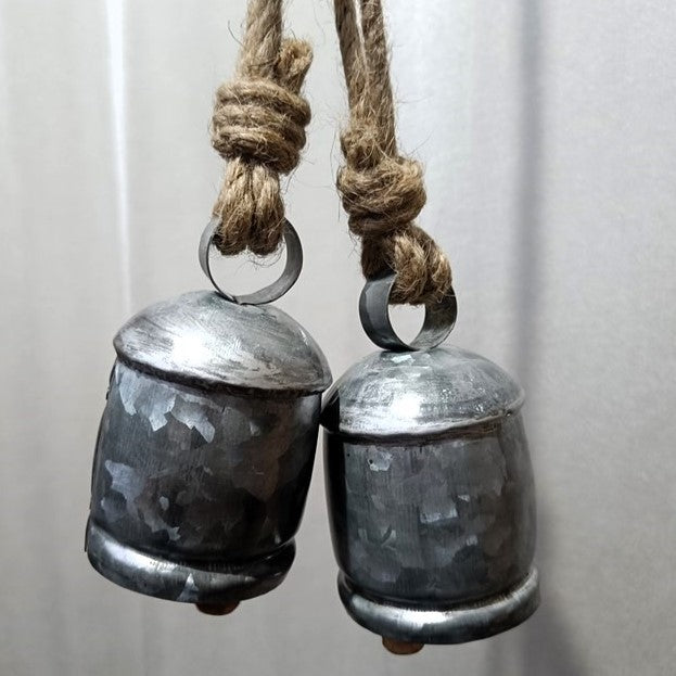 Rustic Silver Tin Bell with Wooden Clapper and Jute Hanging Cord