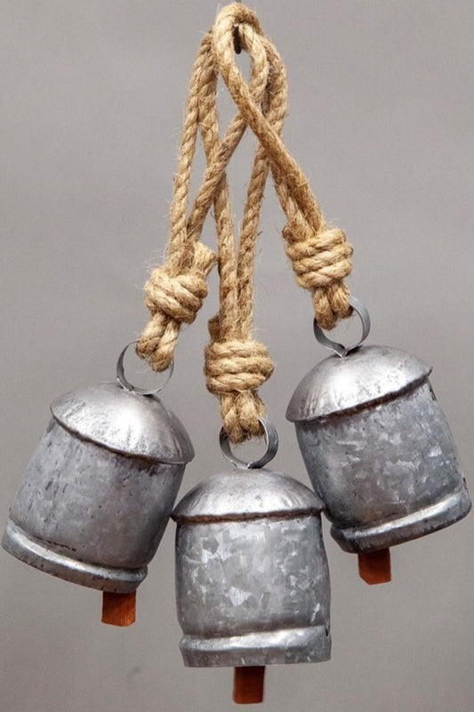 Rustic Silver Tin Bell with Wooden Clapper and Jute Hanging Cord