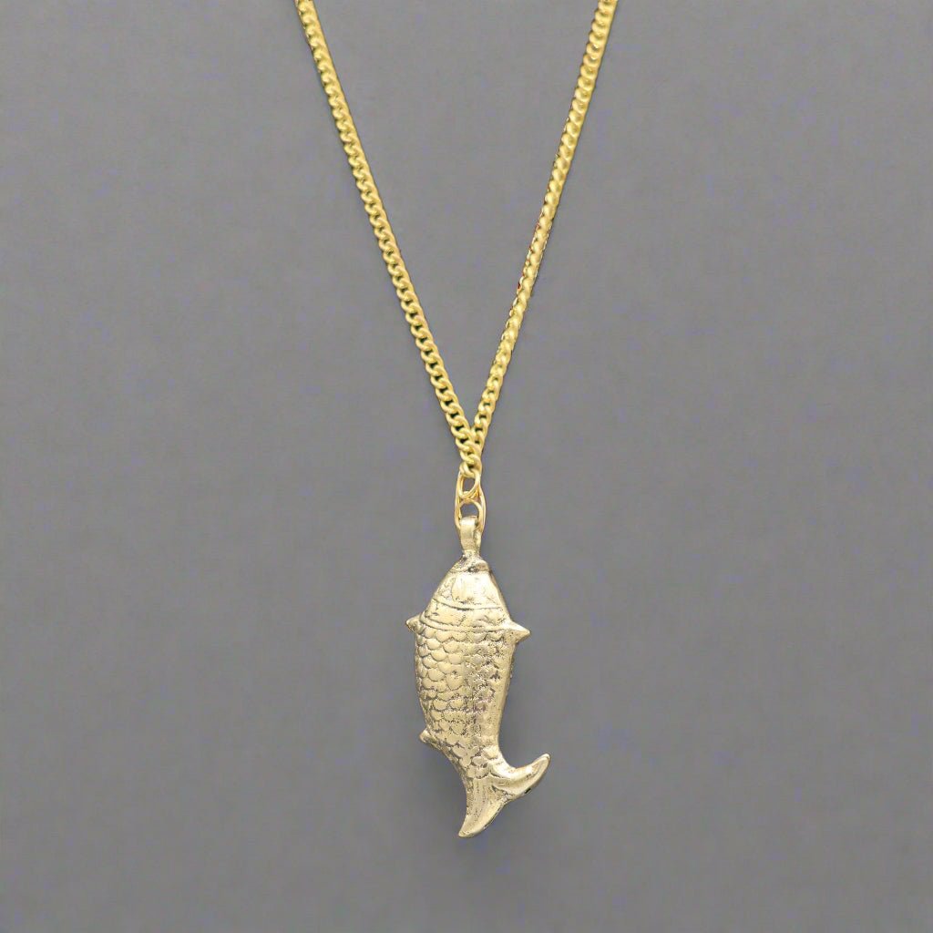 Vintage Brass Embossed Fish Necklace - Apparel & Accessories > Jewelry > Necklaces - Bellbazaar.com - AJ - NECK - BRASS - FISH - EMBOSS - V03