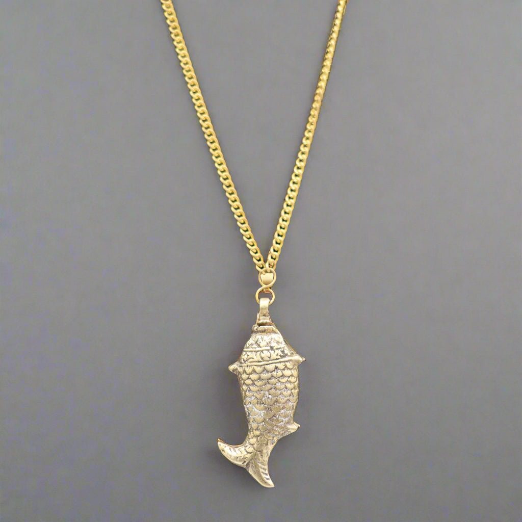 Vintage Brass Embossed Fish Necklace - Apparel & Accessories > Jewelry > Necklaces - Bellbazaar.com - AJ - NECK - BRASS - FISH - EMBOSS - V03